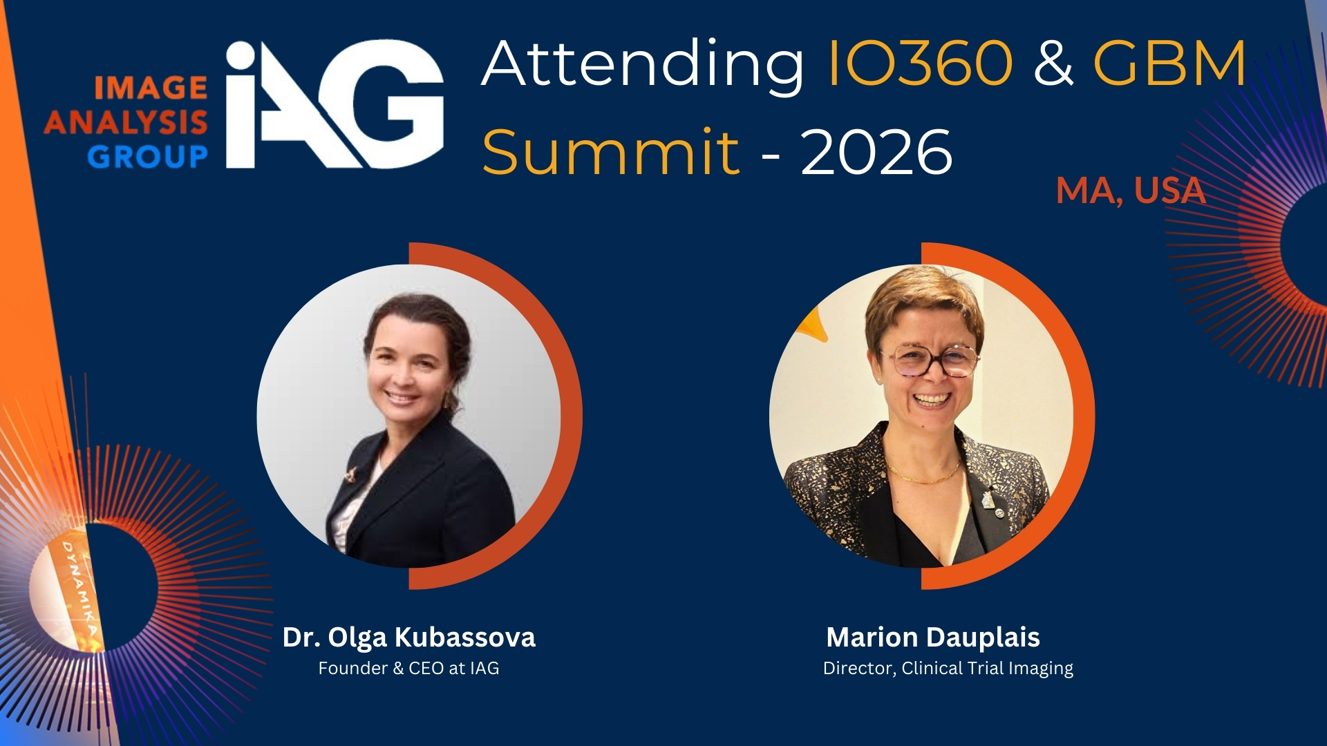 Image Analysis Group (IAG) at IO360 and GBM Summit in Boston, February 2026, discussing AI-driven oncology and GBM imaging for clinical trials.